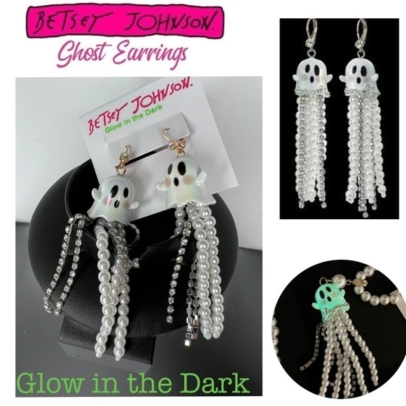 Betsey Johnson Ghost Pearl & Diamond Earrings Glow in the Dark Halloween Jewelry - Picture 1 of 6